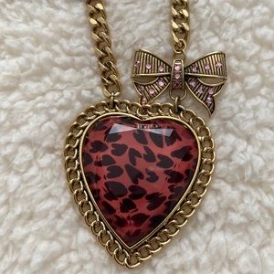 Betsey Johnson Long Gold Chain - Pink Leopard Print Heart and Bow